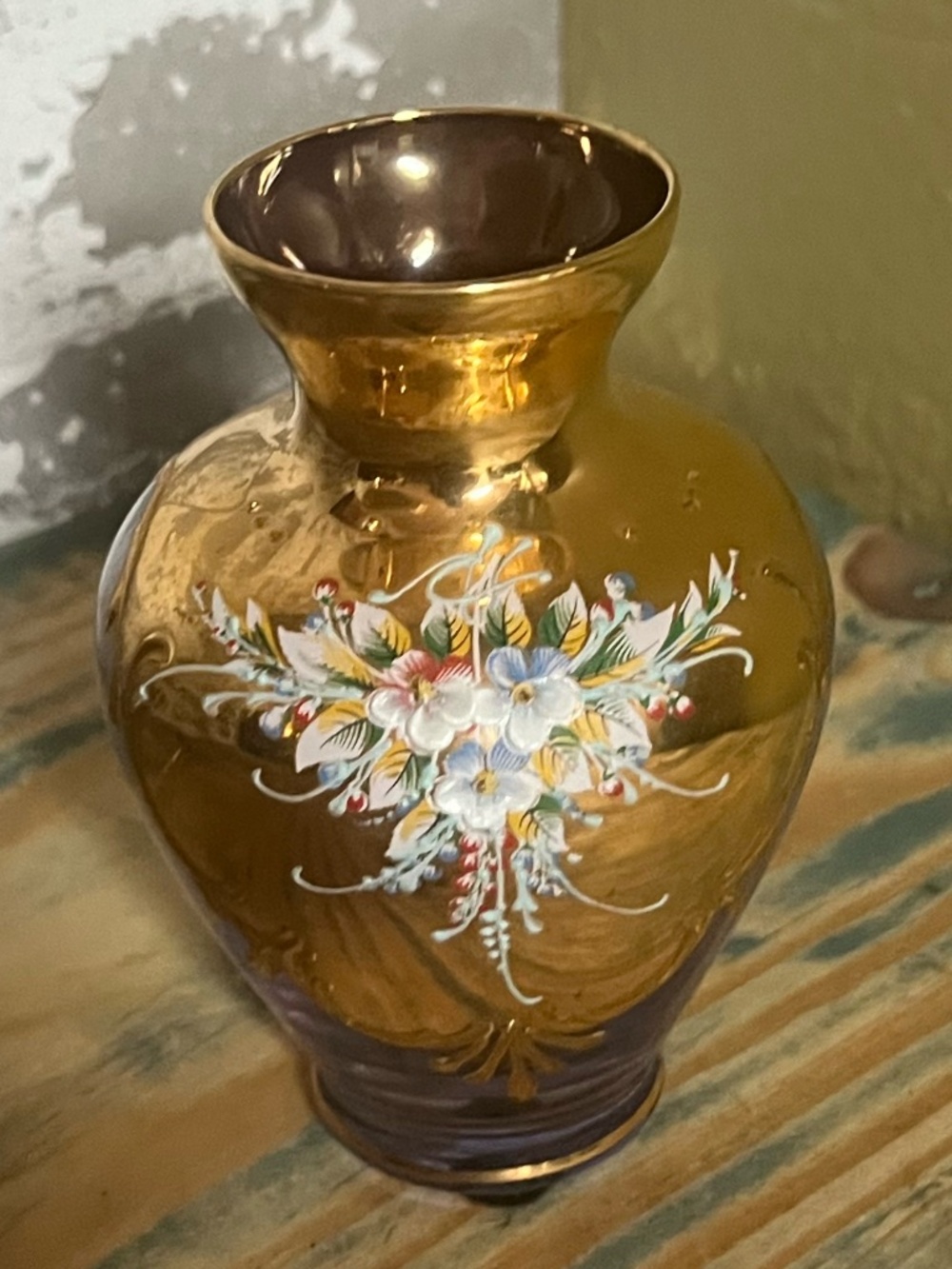 Vintage Murano Glass Amethyst Glass Vase w/ 24k Gold Gilt Paint & Floral Pattern